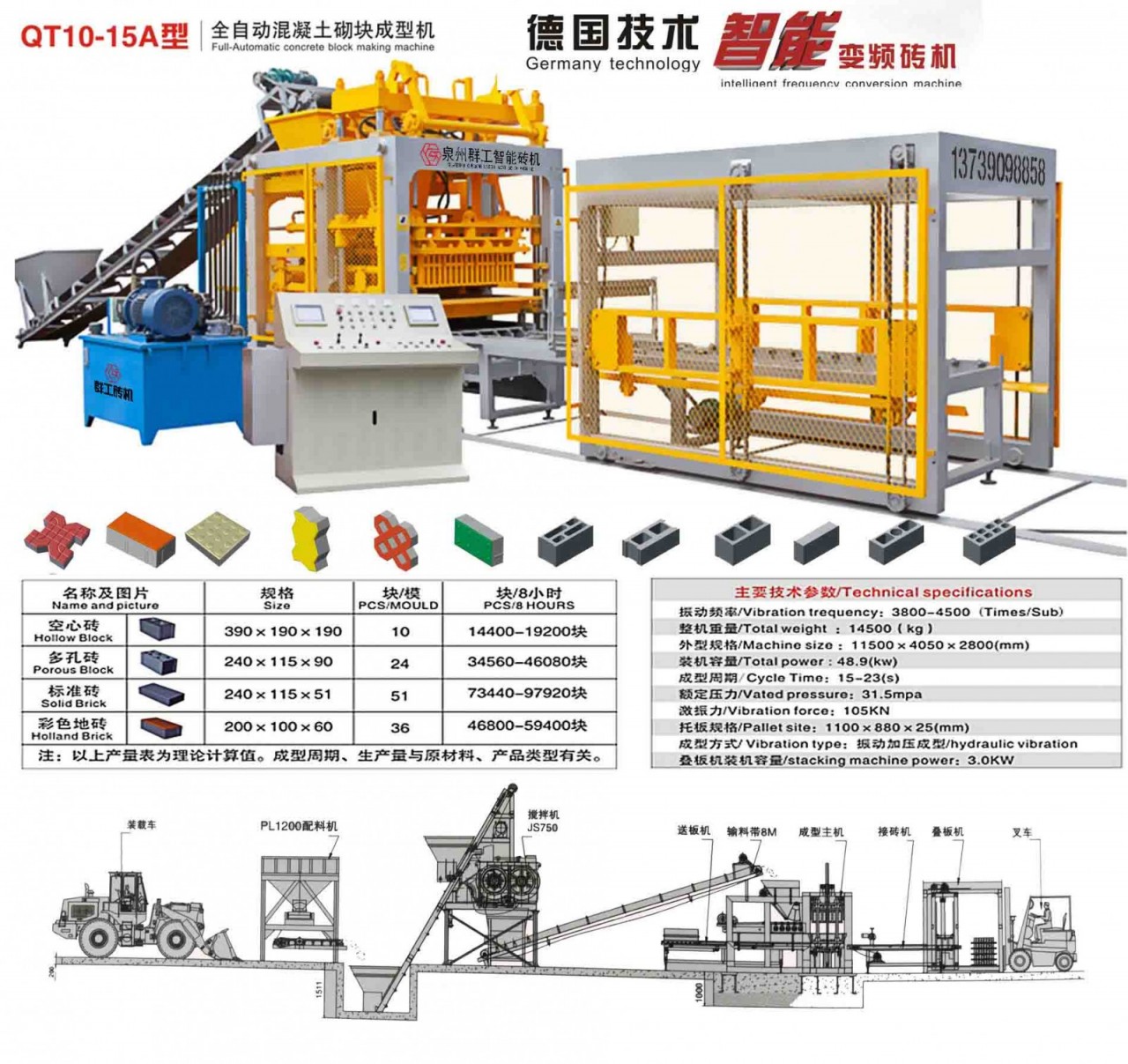 供应群工QG10-15砖机 赣州免烧砖水泥砖机设备透水砖设备价格厂家